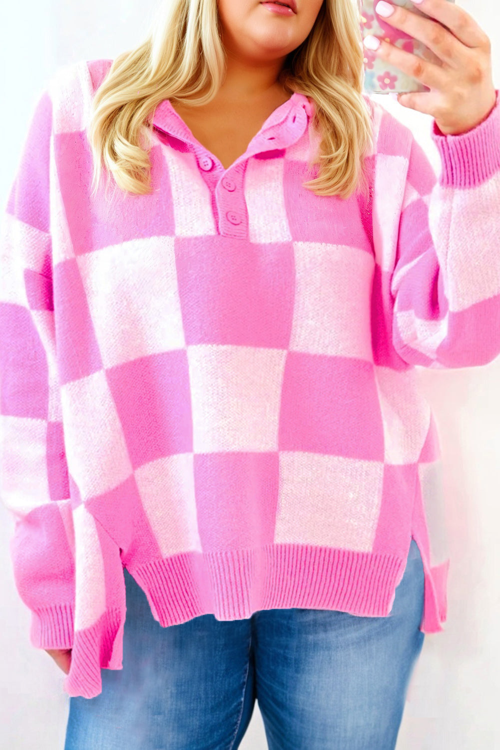 Pink Plus Size Checkered Collared Half Button Sweater Dear-Lover Dropshipping